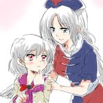  blue_eyes blush braid commentary hand_on_own_face hat jacket kishin_sagume long_hair long_sleeves looking_at_another multiple_girls open_mouth petting red_cross red_eyes ribbon short_hair silver_hair single_wing smile sweat touhou unya white_hair wings yagokoro_eirin younger 