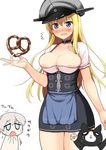  2girls alternate_costume apron areola_slip areolae bismarck_(kantai_collection) blonde_hair blue_apron blush body_mahattaya_ginga breasts bursting_breasts cat cleavage dirndl food german_clothes hat kantai_collection large_breasts long_hair multiple_girls open_mouth peaked_cap pretzel short_sleeves simple_background solid_circle_eyes tears undersized_clothes unsinkable_sam waist_apron white_background z1_leberecht_maass_(kantai_collection) 
