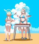  2girls absurdres ass asuna_(blue_archive) bare_shoulders bikini blonde_hair blue_archive blue_bikini blue_eyes blue_halo blue_sandals breasts cleavage cloud cooking english_commentary food frilled_bikini frills grill grilling grin hair_over_one_eye halo hifumi_(blue_archive) hifumi_(swimsuit)_(blue_archive) highres large_breasts long_hair low_twintails mole mole_on_breast multiple_girls navel pixel_art sandals sausage smile swimsuit thighs twintails very_long_hair white_bikini white_sandals whitte_komett yellow_halo 