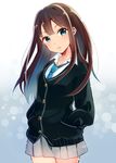  brown_hair cardigan green_eyes hands_in_pockets highres idolmaster idolmaster_cinderella_girls long_hair looking_at_viewer necktie nou school_uniform shibuya_rin skirt solo 