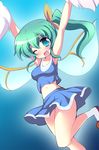  armpits blush breasts cheerleader commentary_request crop_top crop_top_overhang d; daiyousei fairy_wings geo_(yukishitadou) green_eyes green_hair hips jumping midriff miniskirt navel one_eye_closed open_mouth pom_poms side_ponytail skirt small_breasts solo thighs touhou wavy_mouth wind wind_lift wings 