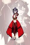  1girl absurdres ahoge breasts commission cross cross-shaped_pupils cross_pasties english_commentary fangs full_body highres magia_baiser mahou_shoujo_ni_akogarete makotogab medium_hair navel open_mouth pants pasties pointing pointing_at_viewer purple_hair red_pants red_pasties red_shrug red_skirt showgirl_skirt skirt small_breasts solo standing symbol-shaped_pupils yellow_eyes zoom_layer 