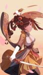  1girl absurdres belt black_ribbon blush bow box_(bagsang59049289) breasts brown_bow brown_hair brown_pantyhose chiori_(genshin_impact) drill_hair drill_ponytail dual_wielding english_commentary floating_clothes floating_hair floral_print flower flower_ornament from_side gem genshin_impact gradient_background hair_flower hair_ornament hair_stick hands_up haori high_ponytail highres holding holding_sword holding_weapon japanese_clothes katana long_hair looking_at_viewer medium_breasts obijime open_clothes orange_background orange_skirt pantyhose petals ponytail red_belt red_eyes ribbon rope shirt simple_background skirt solo standing sword teeth vision_(genshin_impact) weapon white_shirt yellow_background yellow_gemstone 