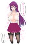  areola_slip areolae blue_eyes breasts covered_nipples flower garter_straps hair_flower hair_ornament highres jitsu_wa_watashi_wa large_breasts libre long_hair open_clothes open_shirt purple_hair shirt shishido_shiho skindentation skirt solo standing thighhighs translation_request 