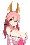  animal_ears areola_slip areolae bare_shoulders blush breasts cleavage drawfag fate/extra fate_(series) fox_ears highres large_breasts long_hair mouth_hold non-web_source pink_hair sate scrunchie simple_background smile solo tamamo_(fate)_(all) tamamo_no_mae_(fate) twintails white_background yellow_eyes 