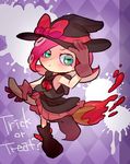  adjusting_clothes adjusting_hat argyle argyle_background boots broom broom_riding english gloves green_eyes halloween hat octarian octoling paint_splatter purple_background red_hair skirt solo splatoon_(series) splatoon_1 takozonesu trick_or_treat ukata witch_hat 