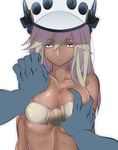  bad_id bad_pixiv_id beltbra breast_grab breasts cleavage dark_skin deep_skin grabbing groping guilty_gear guilty_gear_xrd hat highres hohehohe large_breasts long_hair parted_lips ramlethal_valentine silver_hair simple_background solo_focus white_background yellow_eyes 