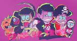  absurdres bad_id bad_twitter_id blue_sclera brothers costume drooling english fake_facial_hair fake_mustache green_skin halloween highres male_focus matsuno_choromatsu matsuno_ichimatsu matsuno_juushimatsu matsuno_karamatsu matsuno_osomatsu matsuno_todomatsu messy_hair multiple_boys osomatsu-kun osomatsu-san pirate_costume pumpkin_costume purple_background red_eyes risao scythe sextuplets siblings simple_background skeleton_costume smile tongue tongue_out trick_or_treat upper_body vampire_costume zombie 