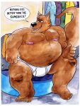 allcaps anthro barefoot billy_fore black_nose black_text blue_clothing blue_suit bold_text briefs briefs_only brown_body brown_fur canid canine canis claws closet clothed clothing clothing_on_chair dialog_balloon english_text feet fur green_eyes hi_res male mammal monotone_briefs monotone_clothing monotone_underwear musclegut muscular navel necktie nipples nude open_mouth open_smile overweight overweight_male pattern_necktie purple_clothing sharp_teeth shirt sitting smile solo striped_necktie suit teeth teeth_showing text tighty_whities tongue_showing topless topless_male topwear underwear underwear_oly underwear_only white_briefs white_clothing white_underwear wolf yellow_clothing yellow_necktie yellow_shirt yellow_topwear