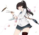  alternate_hairstyle black_hair chopsticks commentary_request fish flying_sweatdrops highres isokaze_(kantai_collection) kantai_collection kappougi long_hair paw_print plate ponytail red_eyes school_uniform serafuku single_thighhigh skirt solo thighhighs yamano_(yamanoh) 