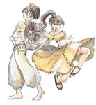  2girls backpack bag barefoot beret black_hat brown_bag brown_sandals closed_mouth commentary_request cosplay costume_switch dancer green_eyes hair_between_eyes harem_pants hat high_ponytail highres long_skirt looking_at_viewer multiple_girls octopath_traveler octopath_traveler_i official_alternate_costume open_mouth outstretched_arms pants ponytail primrose_azelhart qqqqqli sandals simple_background skirt smile tressa_colzione white_background yellow_skirt 