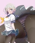  arms_behind_back black_legwear blue_eyes blush breasts commentary from_below from_side hair_ornament hair_over_one_eye hairclip hamakaze_(kantai_collection) highres kantai_collection large_breasts looking_at_viewer mtu_(orewamuzituda) multiple_views open_mouth panties panties_under_pantyhose pantyhose pantyshot pleated_skirt school_uniform serafuku short_hair silver_hair simple_background skirt striped striped_panties underwear upskirt wind 