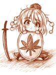  :&lt; blush chibi hat inubashiri_momiji katana looking_at_viewer no_animal_ears pom_pom_(clothes) seiza shield sitting sketch solo sword tokin_hat touhou weapon yuran_(kuen-hien) 