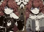  2boys akesenyou armband black_streaks blank_stare blue_eyes commentary drawstring dual_persona elbow_rest gakuran grey_jacket head_rest highres hole_in_chest hole_on_body hood hoodie jacket jacket_over_hoodie last_defense_academy_school_uniform looking_at_viewer male_focus multicolored_hair multicolored_jacket multiple_boys red_hair school_uniform short_hair sitting_on_throne streaked_hair sumino_takumi the_hundred_line_-last_defense_academy- throne two-tone_jacket white_armband white_hoodie 