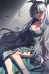  1girl absurdres animal_ear_fluff animal_ears black_choker black_dress black_halo blue_archive blue_dress blue_eyes box_(bagsang59049289) breasts choker cleavage collarbone colored_inner_hair covered_navel cross_hair_ornament dress english_commentary feathers feet_out_of_frame grey_background grey_hair hair_between_eyes hair_ornament halo halo_behind_head highres long_hair long_sleeves looking_at_viewer medium_breasts multicolored_hair official_alternate_costume purple_hair shadow shiroko_(blue_archive) shiroko_terror_(blue_archive) simple_background sitting solo stage_lights tail teeth two-sided_dress two-sided_fabric wide_sleeves wolf_ears wolf_girl wolf_tail yellow_pupils 