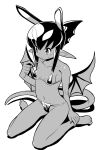  akuyome bikini blush dark_skin greyscale highres horns matsuda_yuusuke monochrome pointy_ears simple_background sweatdrop swimsuit tail white_background wings yome_(akuyome) 