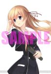  1girl bow breasts buttons chaos;child chaos;child_love_chu_chu!! chest_bow collarbone cropped_jacket dengeki_online double-breasted dress dress_vest floating_hair hair_between_eyes hair_ribbon hand_in_own_hair hekiho_academy_school_uniform holding jacket kurusu_nono long_sleeves looking_back looking_to_the_side medium_breasts miniskirt red_bow red_ribbon ribbon sailor_collar sailor_shirt sample_watermark sasaki_mutsumi school_uniform science_adventure shirt skirt solo watermark white_sailor_collar 