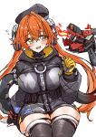  1girl absurdres anger_vein asymmetrical_gloves beret black_gloves black_hat black_jacket black_thighhighs blush breasts curled_horns dragon_girl dragon_horns fingerless_gloves gloves green_eyes hair_between_eyes hat highres hood hooded_jacket horns jacket large_breasts long_hair long_sleeves looking_at_another magus_(zenless_zone_zero) maiq06 mechanical_horns mechanical_tail mismatched_gloves open_mouth orange_hair orphie_(zenless_zone_zero) pointy_ears puffy_long_sleeves puffy_sleeves simple_background single_fingerless_glove sitting tail thighhighs thighs twintails very_long_hair white_background yellow_gloves zenless_zone_zero zettai_ryouiki zipper 