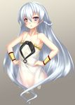  :&lt; absurdres ar_nosurge bangs bare_shoulders blue_eyes blush bracer braid cowboy_shot cropped_legs dress flat_chest french_braid frown gradient gradient_background grey_background hair_between_eyes half_updo hands_on_hips highres long_hair looking_at_viewer ntny ribbon shurelia silver_hair simple_background solo sundress surge_concerto very_long_hair white_dress 
