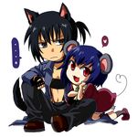  428 alphard animal_ears bandeau black_hair blue_hair canaan chibi dress fingerless_gloves gloves heart liang_qi midriff mouse_ears mouse_tail multiple_girls navel open_mouth ponytail red_eyes rex_k short_hair smile suspenders tail 