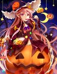  adapted_costume candy efe food halloween halloween_costume hat hata_no_kokoro jack-o'-lantern lollipop long_hair long_sleeves looking_at_viewer navel pink_eyes pink_hair pumpkin_skirt shirt skirt sky solo star star_(sky) starry_sky touhou very_long_hair wide_sleeves witch_hat 