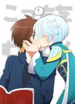  bad_id bad_pixiv_id blue_hair blush book brown_hair closed_eyes green_eyes hand_on_another's_face kiss male_focus mikleo_(tales) moichobi multiple_boys shirt sorey_(tales) tales_of_(series) tales_of_zestiria yaoi 