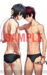  2boys abs ass back black_hair black_male_underwear blue-framed_eyewear briefs dengeki_online dimples_of_venus forehead-to-forehead from_behind fukuda_tomonori glasses hair_down hand_on_own_hip heads_together hidaka_subaru holding holding_removed_eyewear male_focus male_swimwear male_underwear median_furrow multiple_boys muscular muscular_male navel official_art red_eyes red_hair robotics;notes sample_watermark science_adventure short_hair simple_background stomach toned topless_male underwear unworn_eyewear watermark white_background yashio_kaito 