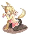 absurdres animal_ears apron black_legwear blue_eyes chain chained claws collar crying flat_chest fox_ears fox_tail heterochromia highres looking_at_viewer original pantyhose ruma_imaginary short_hair simple_background sitting solo tail tears torn_clothes torn_legwear wariza white_background yellow_eyes 