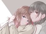  2girls batta-1225 black_hair blush bow braid braided_ponytail breasts brown_eyes brown_hair brown_shirt closed_mouth commentary face_to_breasts green_eyes hair_bow hand_on_another&#039;s_neck hug long_sleeves looking_at_viewer lying lying_on_person medium_breasts medium_hair multiple_girls on_back original parted_lips red_bow school_uniform serafuku shirt smile upper_body yuri 