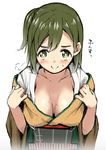  blush breasts brown_eyes brown_hair cleavage hiryuu_(kantai_collection) japanese_clothes kantai_collection medium_breasts one_side_up shiden_(sashimi_no_wife) short_hair smile solo sweat translation_request undressing 