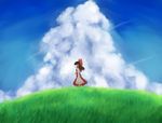  ascot blue_sky bow brown_hair cloud day detached_sleeves faceless fen_zuo grass hair_bow hair_tubes hakurei_reimu hill long_hair looking_afar outdoors red_skirt ribbon-trimmed_sleeves ribbon_trim skirt sky solo standing touhou wind 