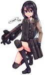  ammunition black_hair blue_eyes bullpup dreadtie gun headset highres long_hair magazine_(weapon) original p90 school_uniform simple_background solo submachine_gun weapon 