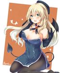  :d adapted_costume atago_(kantai_collection) bare_shoulders bat_wings beret blonde_hair breasts cleavage covered_navel demon_tail elbow_gloves gloves gomano_rio hand_on_own_cheek hat kantai_collection large_breasts long_hair open_mouth pantyhose signature smile solo tail twitter_username wings 