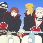  4boys akatsuki_uniform blonde_hair blue_eyes blue_sky brown_eyes closed_mouth deidara_(naruto) forehead_protector green_eyes green_nails grey_hair hidan_(naruto) highres kakuzu_(naruto) looking_at_viewer male_focus mask motor_vehicle motorcycle mouth_mask multiple_boys nail_polish naruto_(series) naruto_shippuuden ninja ninja_mask open_mouth outdoors purple_eyes red_hair riding sasori_(naruto) sky tongue tongue_out yi_(199702090505) 