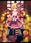  asymmetrical_hair bad_id bad_pixiv_id basket blonde_hair candy checkered checkered_floor collarbone dokulow dress flandre_scarlet food full_body glowing hair_ornament halloween halloween_costume highres jack-o'-lantern letterboxed lollipop looking_at_viewer mary_janes pantyhose puffy_sleeves red_dress red_eyes ribbon shoes short_sleeves side_ponytail smile solo striped striped_legwear sweets touhou wings 