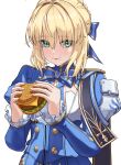 1girl aqua_eyes armor artoria_pendragon_(fate) black_cape blonde_hair blue_bow blue_bowtie blue_dress bow bowtie braid breasts burger buttons cape cleavage_cutout closed_mouth clothing_cutout dress eating english_commentary eyes_visible_through_hair fate/stay_night fate/unlimited_blade_works fate_(series) fingernails food food_on_face frills gold_trim hair_between_eyes hair_bow hands_up highres holding holding_burger holding_food honkai:_star_rail honkai_(series) juliet_sleeves kabuto_tong long_sleeves looking_at_viewer medium_breasts puffy_sleeves saber_(fate) saber_(honkai:_star_rail)_(fate) short_hair shoulder_armor sidelocks simple_background smile solo two-tone_dress upper_body white_background white_dress 