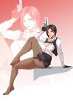 1girl ada_wong arm_support black_gloves black_hair black_skirt breasts brown_pantyhose chest_harness chuckuddin cleavage closed_mouth collared_shirt commentary feet full_body gloves gradient_background gun hand_up harness highres holding holding_gun holding_weapon holster knee_up large_breasts legs long_sleeves looking_at_viewer miniskirt no_shoes pantyhose partially_unbuttoned red_lips resident_evil revolver shirt short_hair sitting skirt solo thigh_holster thighs weapon white_shirt 