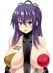  bare_shoulders blue_eyes breasts huge_breasts konno_tohiro light_smile long_hair olympics original purple_hair simple_background solo wavy_mouth white_background 