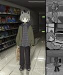 1boy animal_ears bag blue_shirt character_print computer coyotetaodog crt dog_boy dog_ears dog_tail english_commentary green_eyes green_jacket grey_hair highres holding holding_bag indoors jacket looking_at_viewer male_focus multiple_views pikachu pokemon shirt shop short_hair standing stuffed_toy tail 