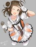  ;d antenna_hair brown_eyes brown_hair double-breasted double_bun gloves grey_background isshiki_(ffmania7) kantai_collection microphone naka_(kantai_collection) one_eye_closed open_mouth remodel_(kantai_collection) school_uniform serafuku short_hair smile solo tie_clip twitter_username v 