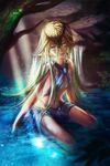  bare_shoulders blonde_hair breasts chain_chronicle elf gem hair_between_eyes headwear highres light_rays long_hair looking_at_viewer maikama necktie outdoors parted_lips partially_submerged pointy_ears sitting sleeveless small_breasts solo sunbeam sunlight tree underboob very_long_hair water 
