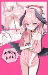  1girl absurdres badtz-maru black_wings blue_archive blush bow bow_panties bra_strap character_print collarbone doodle_sensei_(blue_archive) halo head_wings highres jewelry koharu_(blue_archive) low_wings medium_hair my_melody navel necklace panties pink_eyes pink_hair pink_halo pink_shirt riko_(rik0ring) sanrio sensei_(blue_archive) shirt speech_bubble spoken_character sweatdrop t-shirt translation_request twintails underwear white_panties wings 