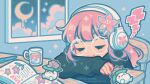  1girl blue_background book chair character_name closed_eyes closed_mouth colored_lineart commentary commission crescent_moon drink dripping emily_kim english_commentary facing_viewer floral_print flower glasses gradient_hair hair_flower hair_ornament halftone headphones highres indoors lilypichu long_hair long_sleeves moon multicolored_hair night night_sky notebook offlinetv on_table open_book outline pastel_colors pen pink_flower pink_hair round_eyewear sky sleeping sleeves_past_wrists smile solo sparkle star_(sky) table virtual_youtuber white_outline window wooden_chair wooden_table zzz 