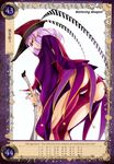  ass cape curly_hair despina_(queen's_blade) dutch_angle from_behind hat highres instrument kure_masahiro long_hair long_sleeves non-web_source o-ring o-ring_legwear pointy_ears purple_eyes purple_hair queen's_blade queen's_blade_grimoire revealing_clothes simple_background solo white_background 