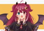  1girl :o ahoge black_capelet black_dress blue_eyes blush brown_background brown_wings capelet commentary_request crescent crescent_hair_ornament demon_girl demon_horns demon_wings dress fang frilled_capelet frilled_sleeves frills grey_background hair_ornament hands_up heterochromia highres horns long_hair long_sleeves looking_at_viewer neck_ribbon nijisanji open_mouth red_eyes red_hair red_ribbon ribbon rino_cnc sleeves_past_wrists solo two-tone_background two_side_up upper_body very_long_hair virtual_youtuber wings yuzuki_roa yuzuki_roa_(1st_costume) 