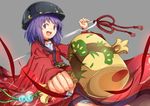  bowl bowl_hat foreshortening glowing grey_background hat highres japanese_clothes kimono looking_at_viewer mallet minigirl miracle_mallet needle obi open_mouth purple_eyes purple_hair round_teeth sash simple_background smile solo sukuna_shinmyoumaru suo_niao teeth touhou upper_body 