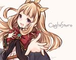  :d artist_name bangs blonde_hair blush bow cagliostro_(granblue_fantasy) cape character_name granblue_fantasy hairband hand_on_own_chest long_hair looking_at_viewer open_mouth outstretched_arm purple_eyes smile solo spikes upper_body yukian 