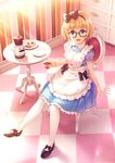  :d apron black-framed_eyewear blonde_hair blue_dress blue_eyes blush bow checkered checkered_floor chest_of_drawers cookie cup dress food frilled_apron frills gamepot glasses hair_bow hairband kurage_(kurakurapix) mary_janes open_mouth pantyhose plate puffy_sleeves shoes short_sleeves sitting smile solo table teacup teapot white_legwear 