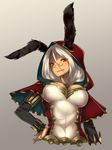  :3 absurdres animal_ears ar_nosurge breasts bunny_ears cleavage dark_skin ears_through_headwear glasses hand_on_hip highres hood large_breasts long_sleeves nelico_(surge_concerto) ntny official_art red_eyes simple_background solo surge_concerto white_hair 