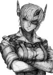  breasts cosplay crossed_arms eyepatch gloves graphite_(medium) greyscale headgear horn imizu_(nitro_unknown) kantai_collection large_breasts metal_gear_(series) metal_gear_solid_v monochrome mouth_scar scar scar_across_eye short_hair solo tenryuu_(kantai_collection) traditional_media venom_snake venom_snake_(cosplay) 